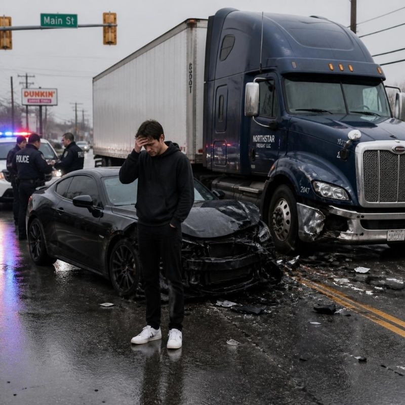 Driver standing beside a damaged car after a collision with a freight truck at an intersection