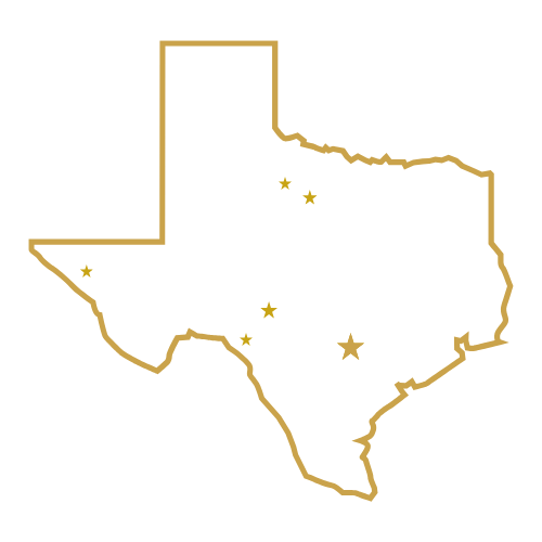 Gold outline map of the state of Texas with marked cities