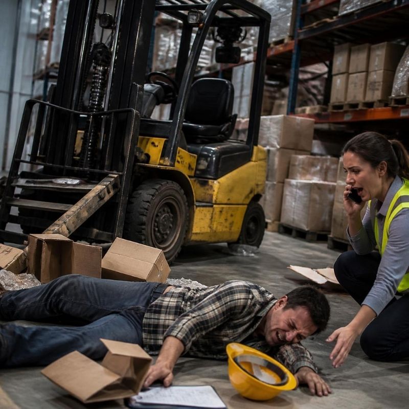 Injured warehouse worker on the ground near a forklift as a coworker calls for help