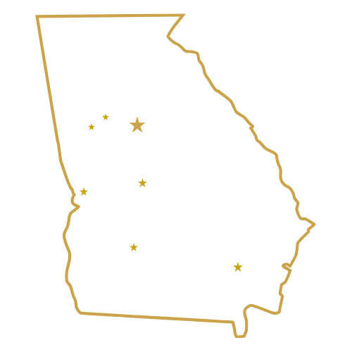 Gold outline map of the state of Georgia with marked cities