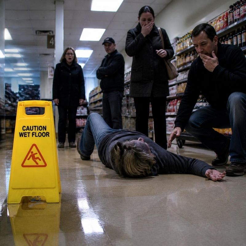 Shopper lying on a wet grocery store floor beside a caution wet floor sign as bystanders react