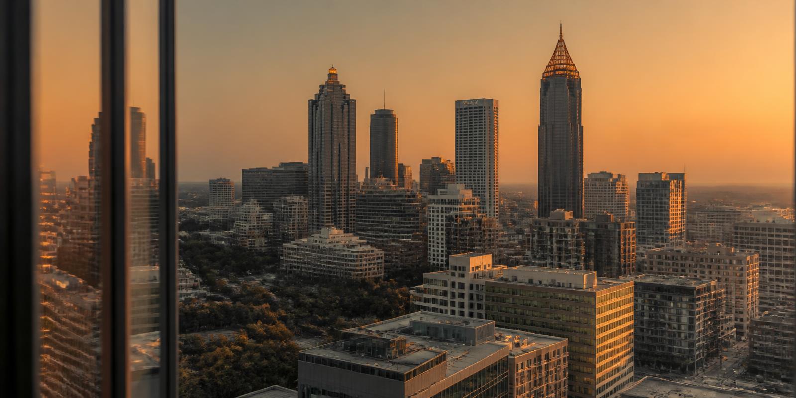 Atlanta skyline at dusk seen from a high office window