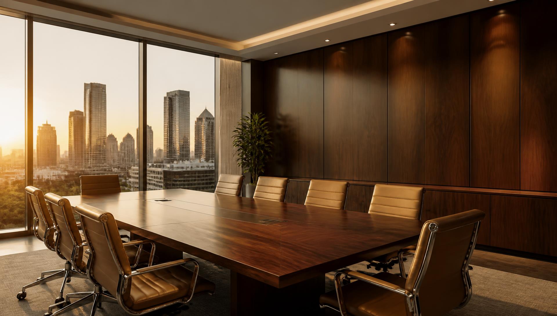 Warmly lit modern law office conference room with a city skyline at golden hour