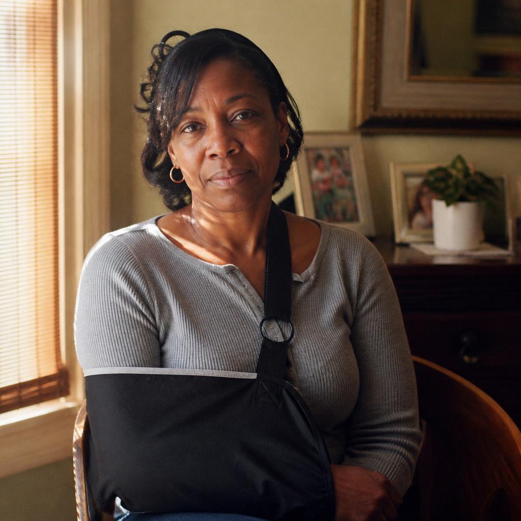 Portrait of a woman wearing an arm sling seated in a warm sunlit room