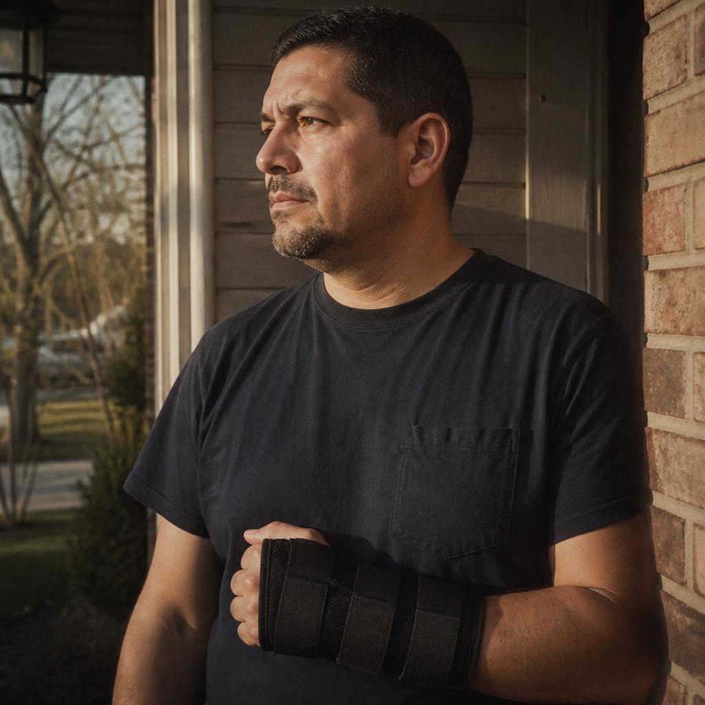 Portrait of a man wearing a wrist brace standing outside his home at golden hour