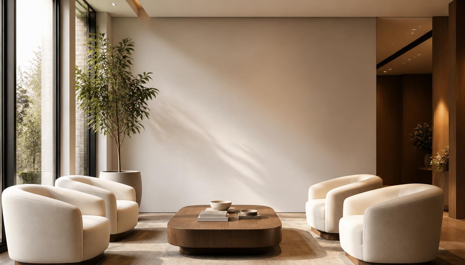 Quiet, warmly lit reception area with cream armchairs and tall windows